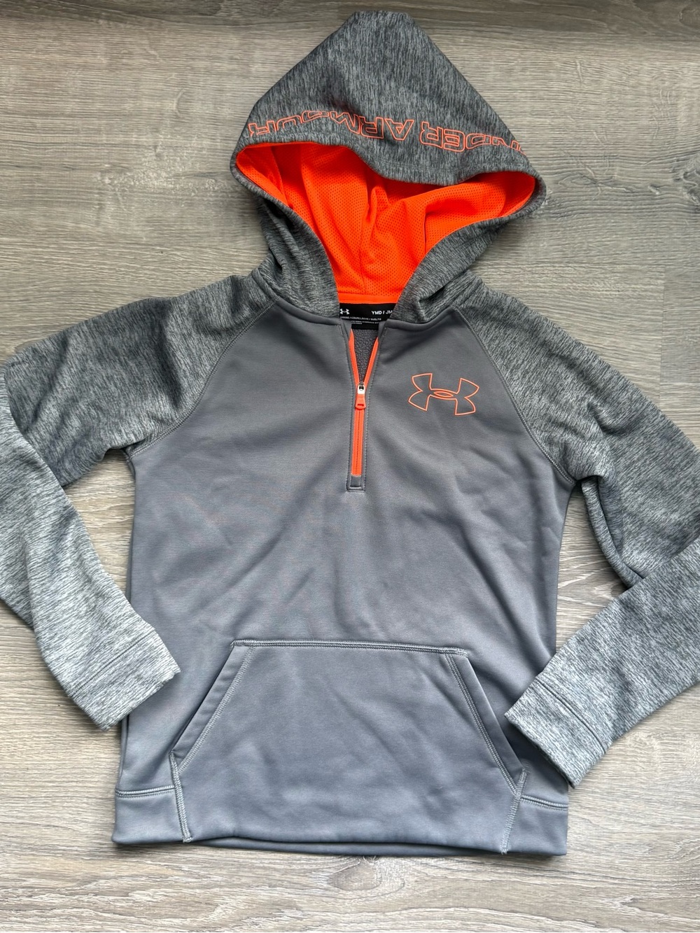 Under Armour ColdGear Boy’s YMD Gray Zip Fleece Hoodie Bright Orange Lining